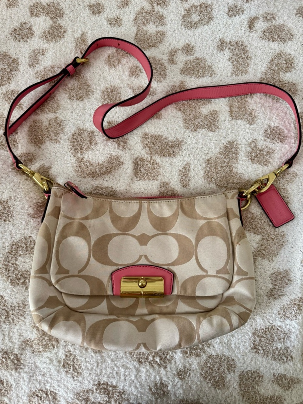 Coach Khaki Signature Canvas Crossbody with Pink Trim